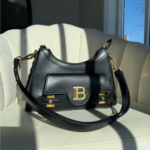 Balmain Black Leather Shoulder Bag with Gold B Logo - Picture 4 of 4